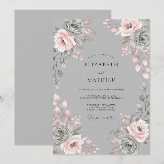 Grey Blush Floral Romantic Wedding 招待状 (正面/裏面)