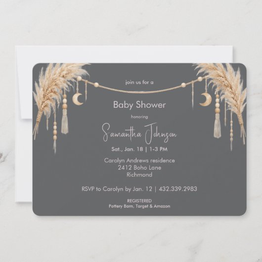 Grey Boho Pampas Baby Shower 招待状 (正面)