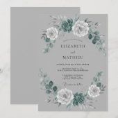 Grey Botanical Wreath Wedding 招待状 (正面/裏面)