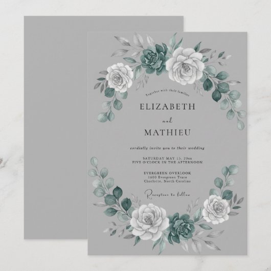 Grey Botanical Wreath Wedding 招待状 (正面/裏面)