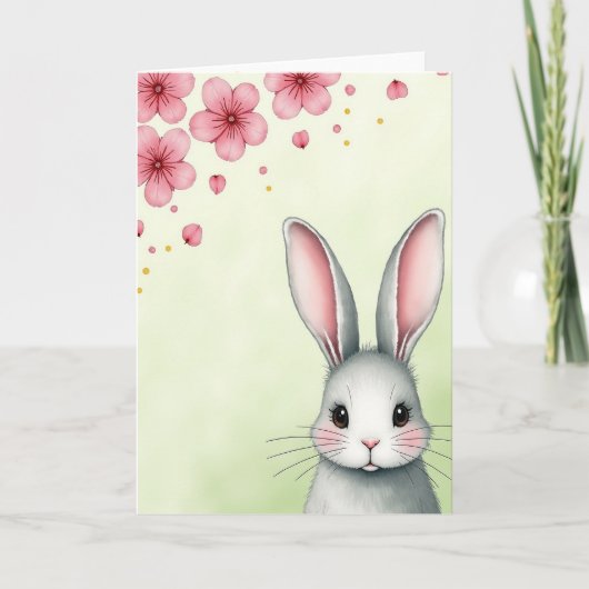 Grey Bunny Pink Petals Card カード (正面)