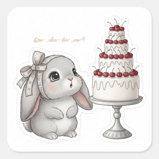 Grey Bunny & Wedding Cake - Cherry Dream Kawaii スクエアシール (正面)