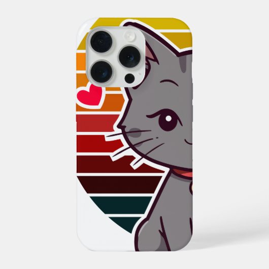 Grey Cat Kawaii Retro Sunset Anime Art iPhoneケース (裏面)
