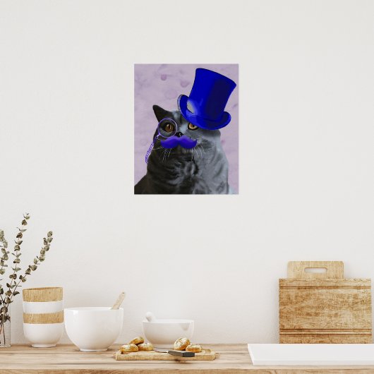 Grey Cat With Blue Top Hat and Moustache ポスター (キッチン)