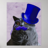 Grey Cat With Blue Top Hat and Moustache ポスター (正面)