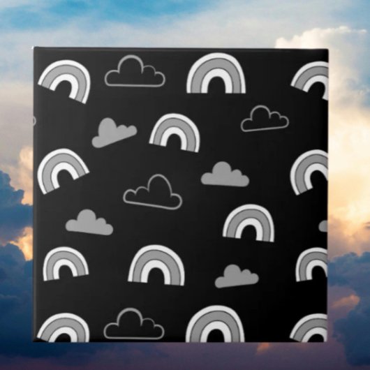 Grey Clouds and Rainbows on Black Ceramic Tile タイル
