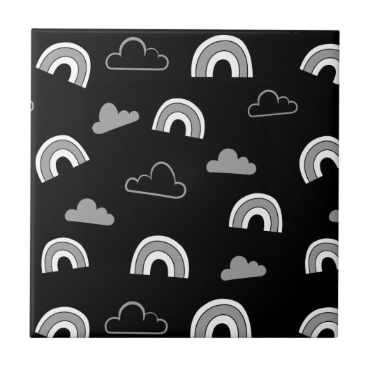 Grey Clouds and Rainbows on Black Ceramic Tile タイル (正面)