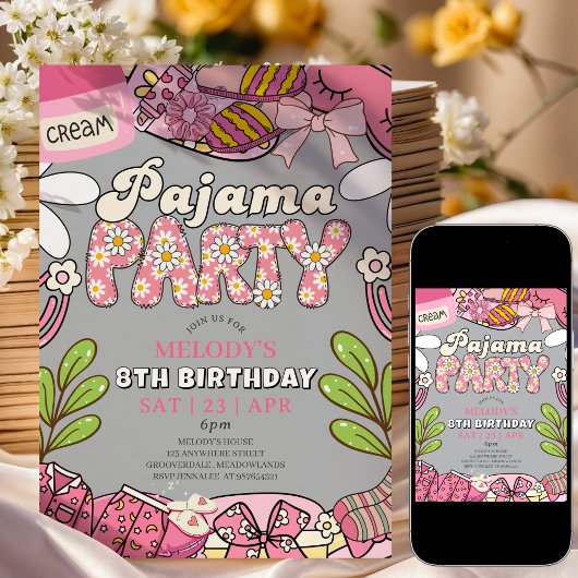 Grey Daisy Pajama Party Birthday Invitation 招待状