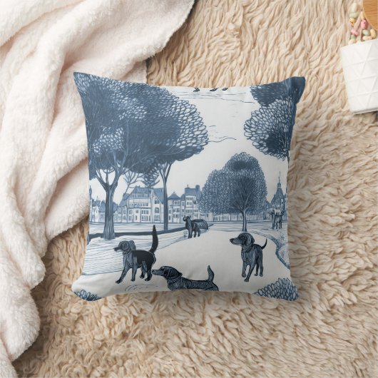 Grey dogs walking under the trees クッション (ブランケット)