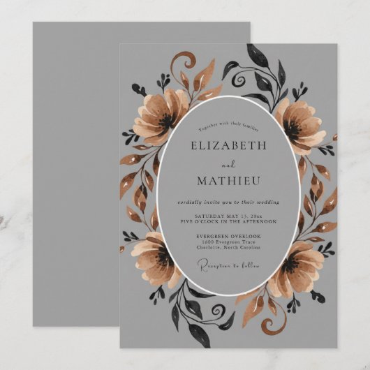 Grey Earthy Bloom Wedding 招待状 (正面/裏面)