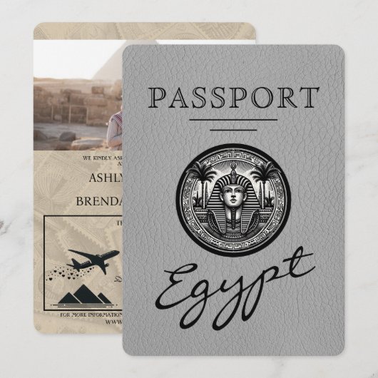 Grey Egypt Passport Wedding Invitation 招待状 (正面/裏面)