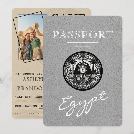 Grey Egypt Passport Wedding Save the Date セーブザデート (正面/裏面)