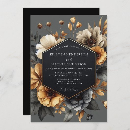 Grey Floral Autumn Romance Wedding 招待状 (正面/裏面)