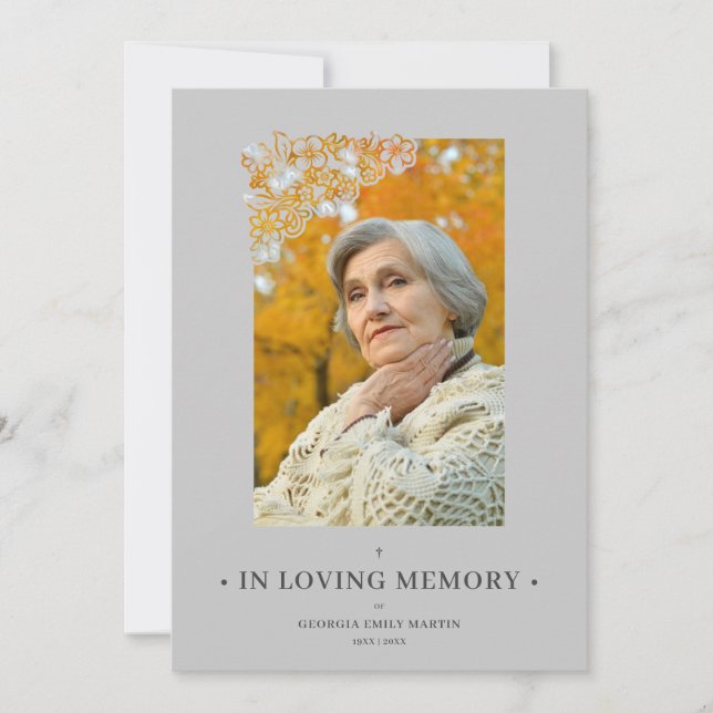 Grey Floral Frame Elegant Photo Funeral Invitation (正面)