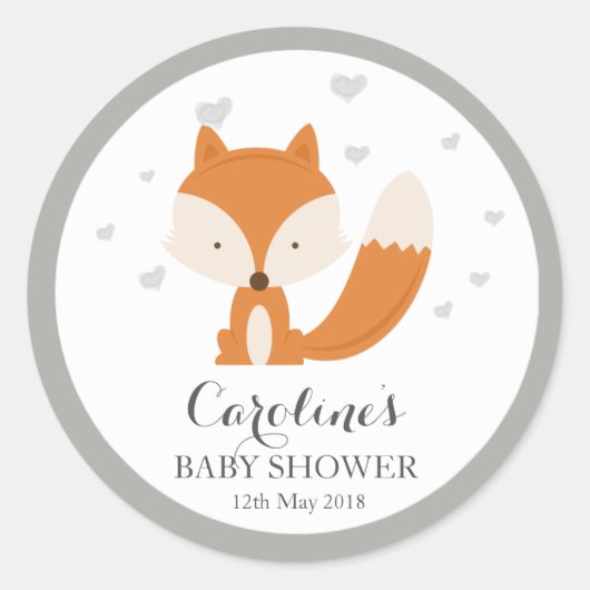 Grey Fox Woodland Love Heart Baby Shower Sticker ラウンドシール (正面)