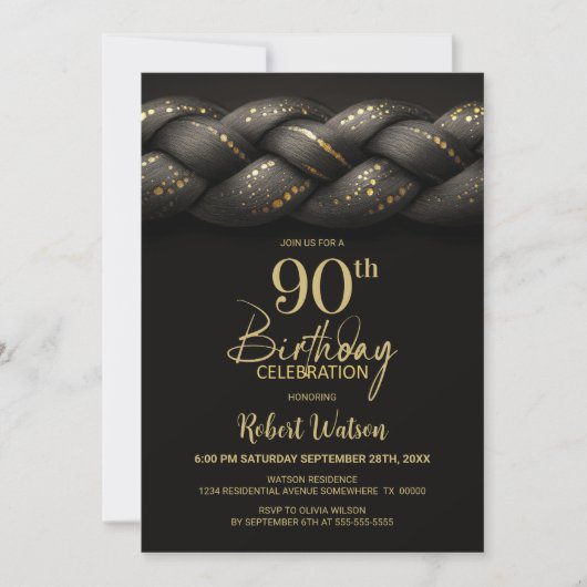 Grey Gold Braid 90th Birthday Party 招待状 (正面)