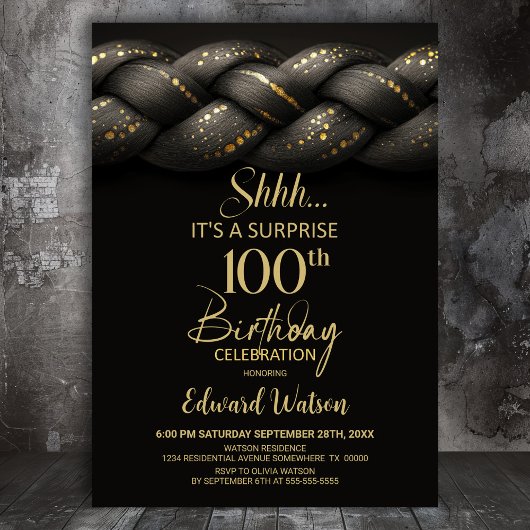 Grey Gold Braid Surprise 100th Birthday Party 招待状