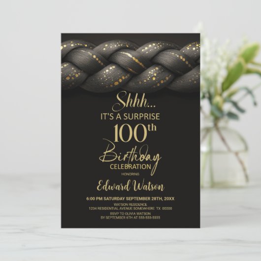 Grey Gold Braid Surprise 100th Birthday Party 招待状 (スタンド正面)