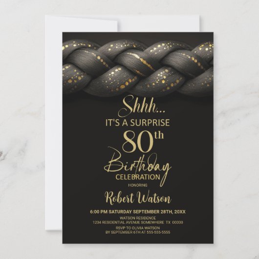 Grey Gold Braid Surprise 80th Birthday Party 招待状 (正面)