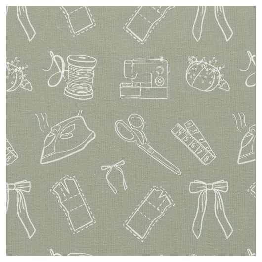 Grey Green Sewing Themed Pattern ファブリック (クローズアップ)