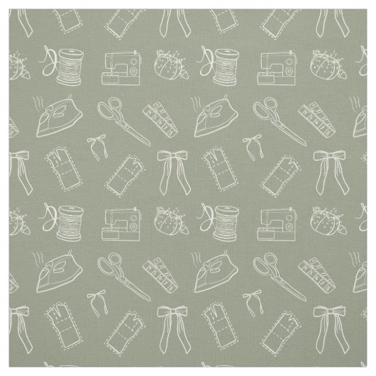 Grey Green Sewing Themed Pattern ファブリック (見本)