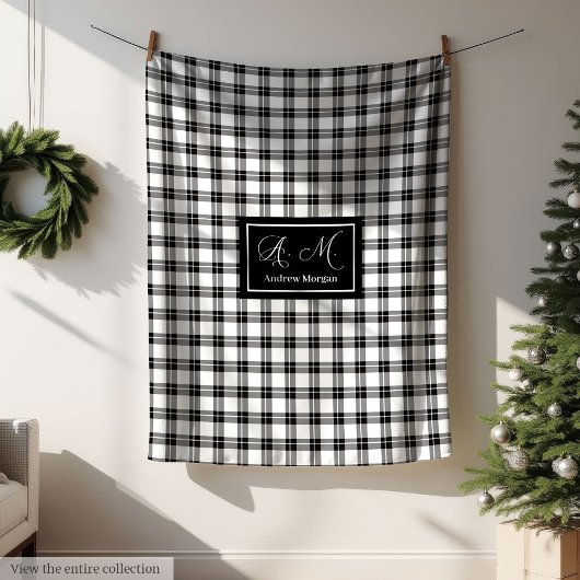 Grey Hues Rustic Black White Plaid Blanket for Him フリースブランケット