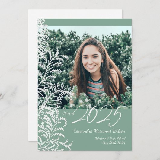 Grey Leaves Photo Graduation Announcement 招待状 (正面/裏面)