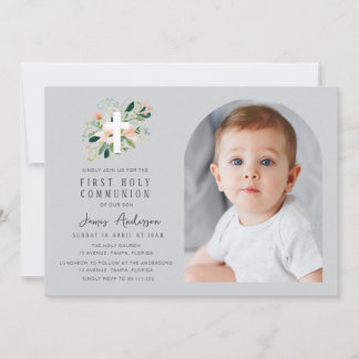 Grey photo arch first holy communion invitation 招待状