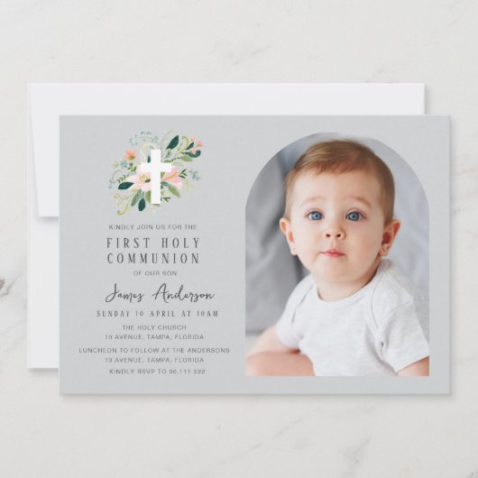 Grey photo arch first holy communion invitation 招待状 (正面)