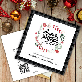 Grey Plaid Corporate Logo QR Code Holiday Card シーズンカード