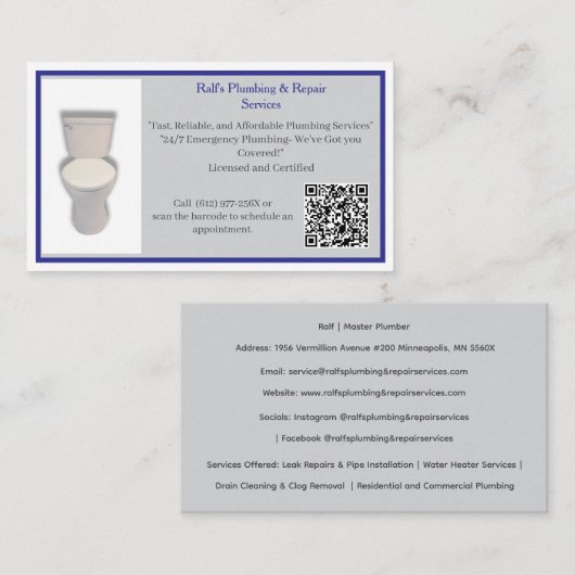 Grey Plumber Plumbing Services Toilet  名刺 (正面/裏面)