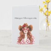 Grey Red Head Lady Cowgirl Blowing You A Kiss カード (黄色い花)