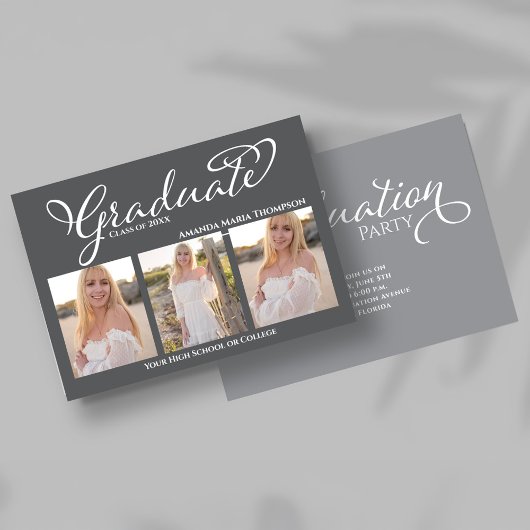 Grey Script 3 Photo Graduation Announcement 招待状