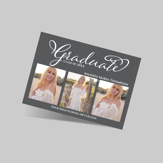 Grey Script 3 Photo Graduation Announcement 招待状