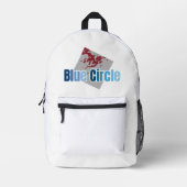 Grey Square with Red Stain and Blue Circle Text プリントバックパック (正面)
