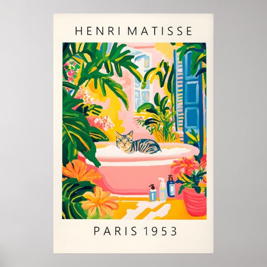 Grey Tabby Cat Bath Art Print Matisse Style ポスター (正面)