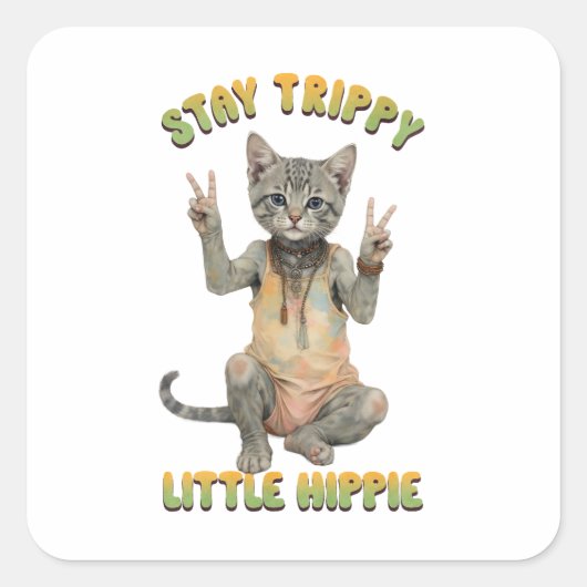 Grey Tabby Cat Boho Stay Trippy Little Hippie スクエアシール (正面)