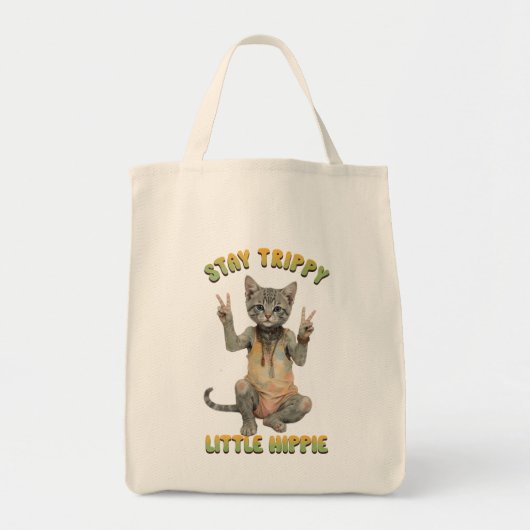 Grey Tabby Cat Boho Stay Trippy Little Hippie  トートバッグ (正面)