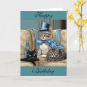 Grey tabby cat with a cape and top hat birthday カード (黄色い花)