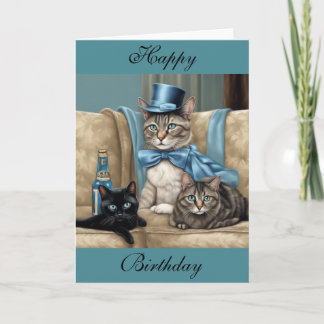 Grey tabby cat with a cape and top hat birthday カード