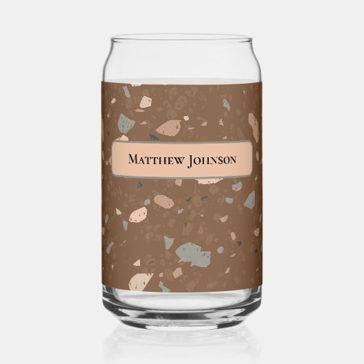 Grey Tan Glass Chips Brown Retro Terrazzo Pattern ガラス缶 (正面)