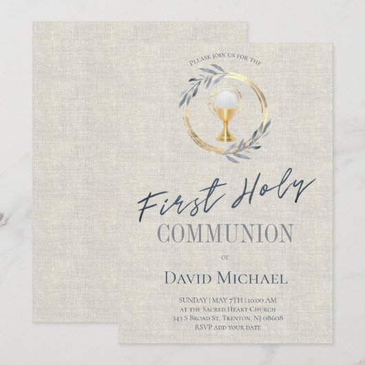 grey texture background First Holy Communion 招待状 (正面/裏面)