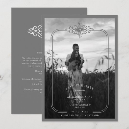 Grey Trendy Lace Flourish Initials Wedding Photo セーブザデート (正面/裏面)