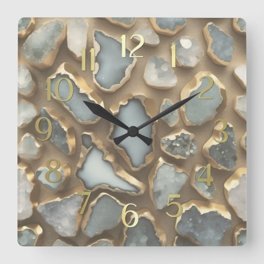 Grey White Stones Trimmed in Gold スクエア壁時計 (正面)
