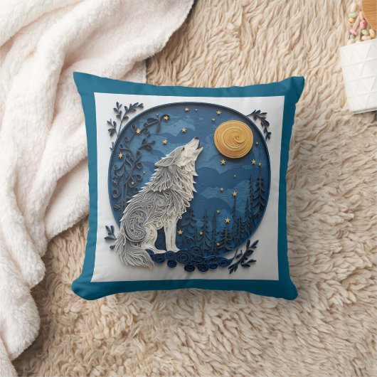 Grey Wolf Howing at the Moon Quilling Effect クッション (ブランケット)