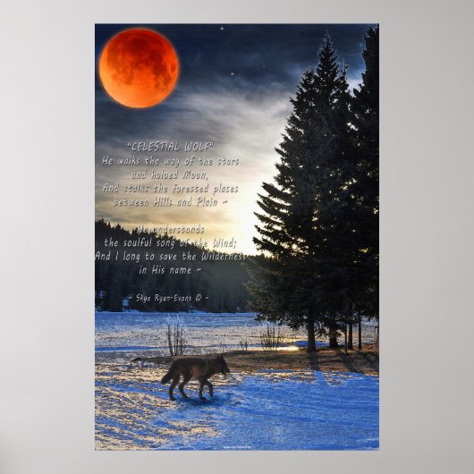 Grey Wolf, Snow, Blood Moon & Lake w Wolf Poem ポスター (正面)