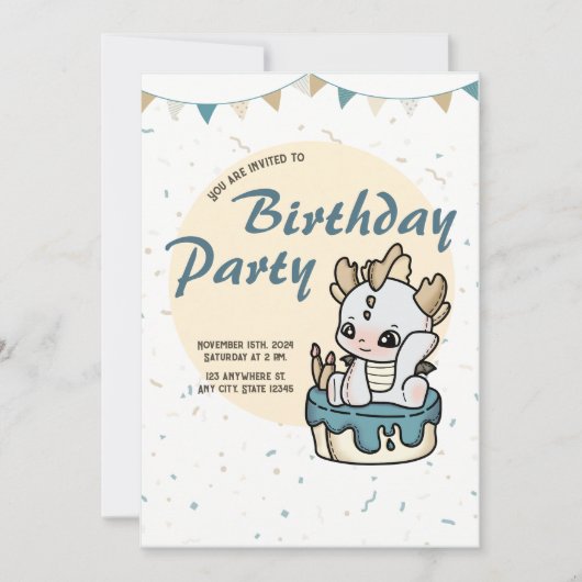 Grey Yellow Pastel Baby Dragon Birthday Invitation 招待状 (正面)