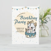 Grey Yellow Pastel Baby Dragon Birthday Invitation 招待状 (スタンド正面)