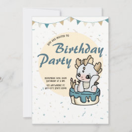 Grey Yellow Pastel Baby Dragon Birthday Invitation 招待状