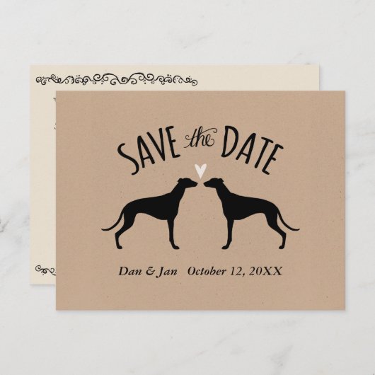 Greyhoundシルエット結婚式の日付を保存 案内ポストカード (正面/裏面)